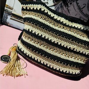 The Sak Striped Crochet Shoulder Bag in Black, Cream & Brown